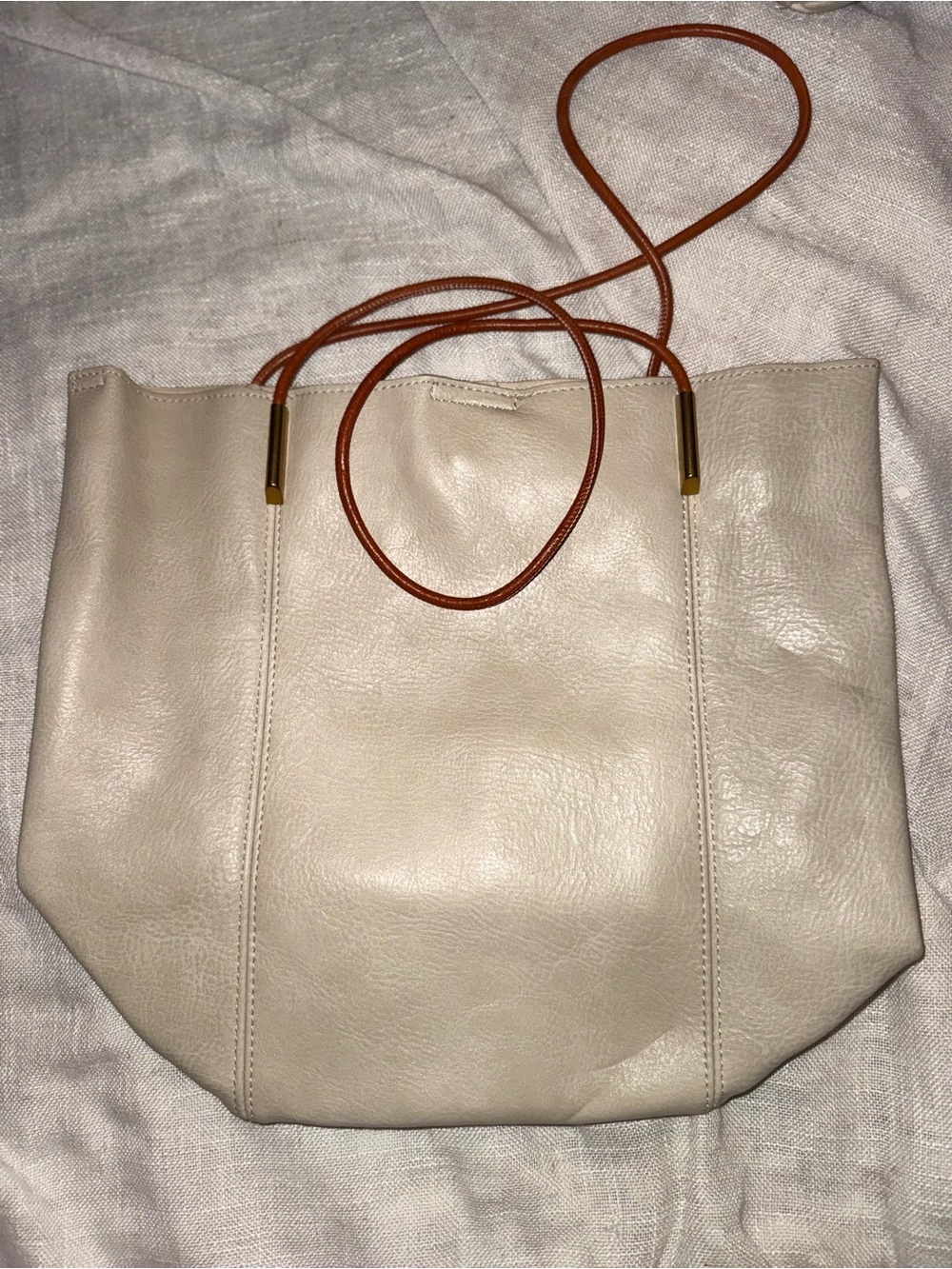 Cream Leather Tote Bag with Brown Strap